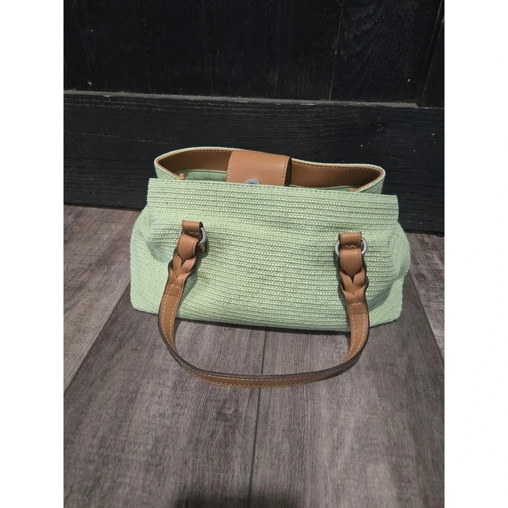 Fossil Vintage 75082 Green Woven Straw Raffia Leather Shoulder Bag Y2K Charm